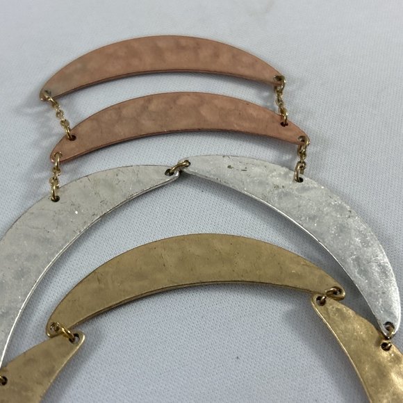 Hammered Copper Brass Silver Tone Bib Necklace Statement Brutalist Metal 15-19" - Picture 5 of 7